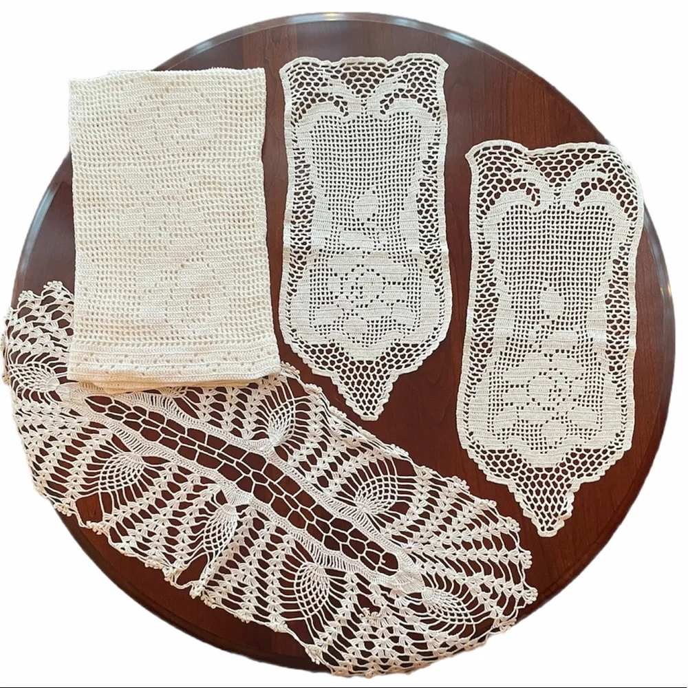Vintage Lace Handmade Set 4 Pc Antique Estate Linens Chic Cottage Bundle Lot